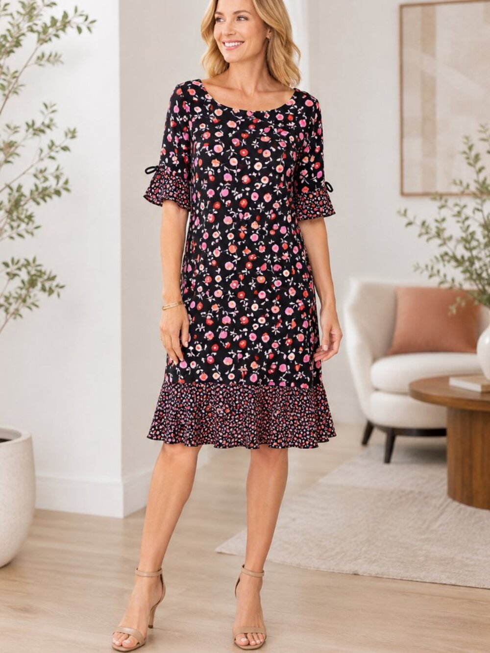 Talbots Floral Jewel-Neck Ruffle Feminine Classic Garden-Party Shift Dress - 6